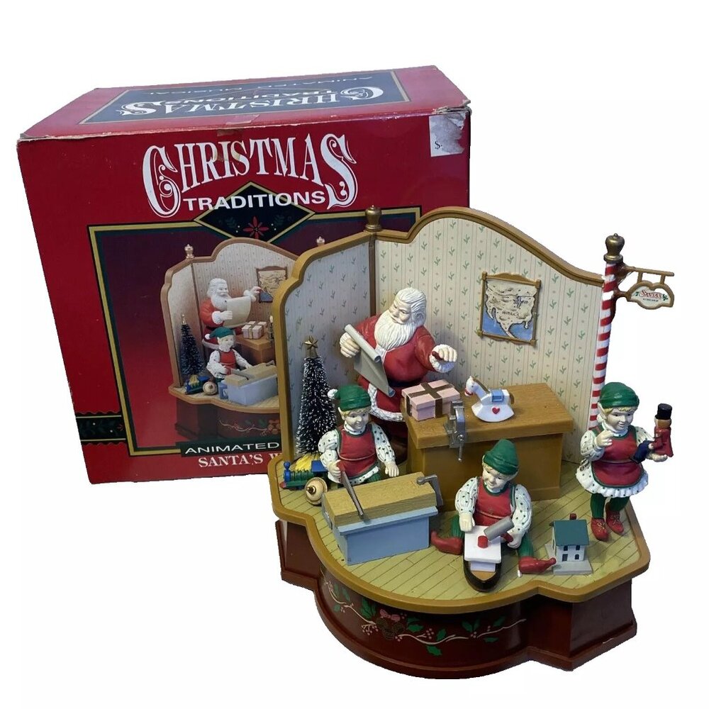 Santa's Workshop Animated Christmas Windup Musicbox Works We Wish You A Merry Ch